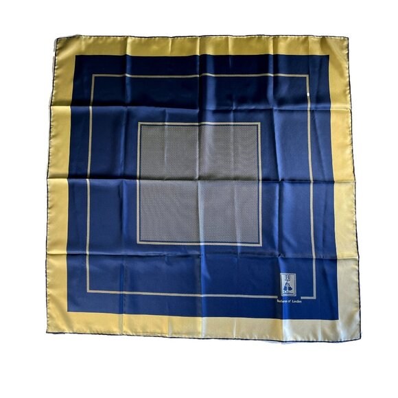 Vintage Burberrys of London Silk Scarf – Navy & Gold Geometric Border - Picture 1 of 11